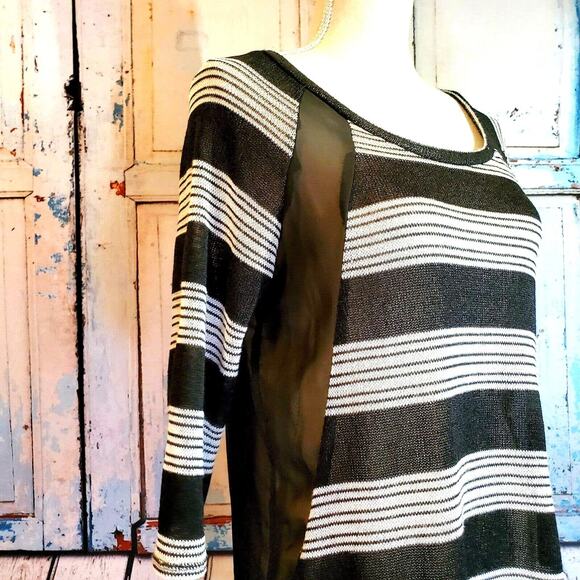 AB Studio Knit Top Size M Black & White Stripes Sheer Back & Details Boho - Picture 4 of 10